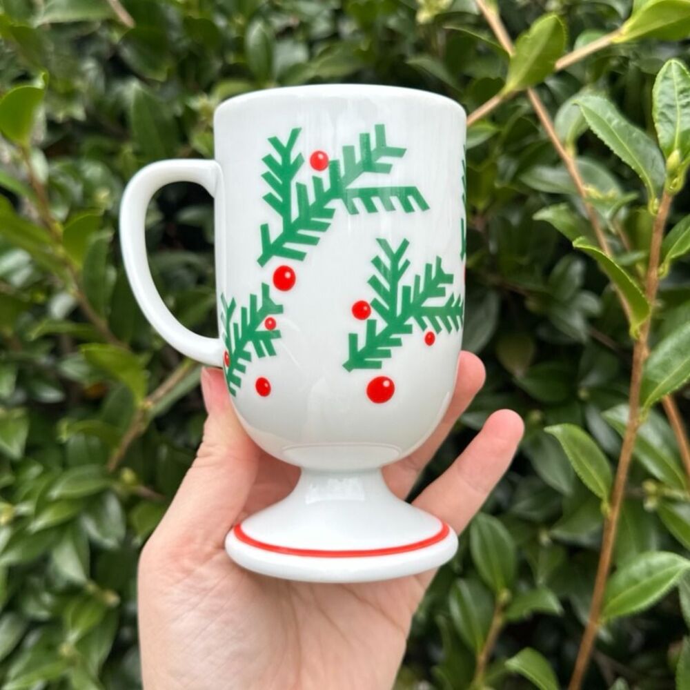 Vintage Footed Christmas Mugs with Holly and Berries